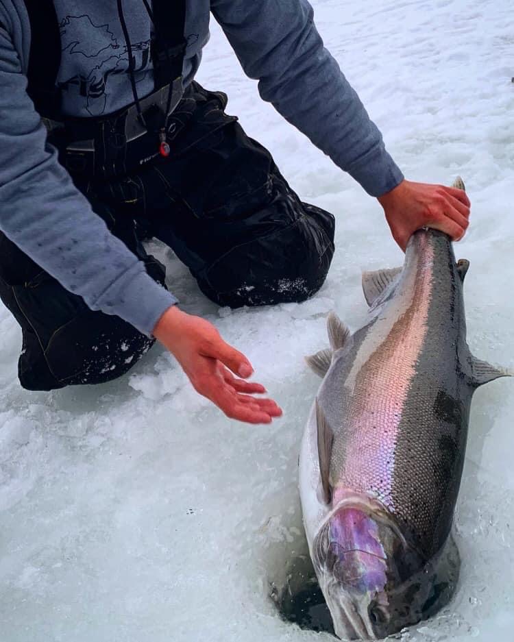 Ice fishing for trout in Lake Michigan harbors